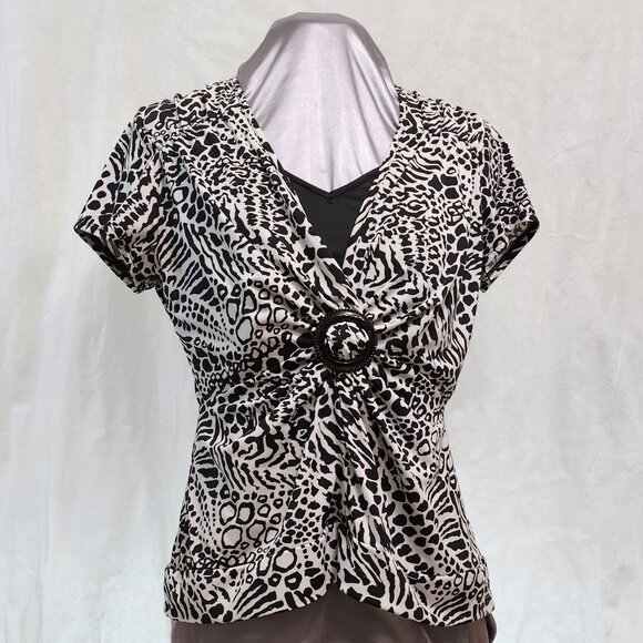 Safari Print Black & White Blouse with Gathered Front - Picture 2 of 8